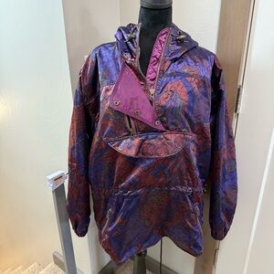 Vintage 90's Obermyer Women's Ski Jacket Pink Red Floral Satin‎ Windbreaker Coat